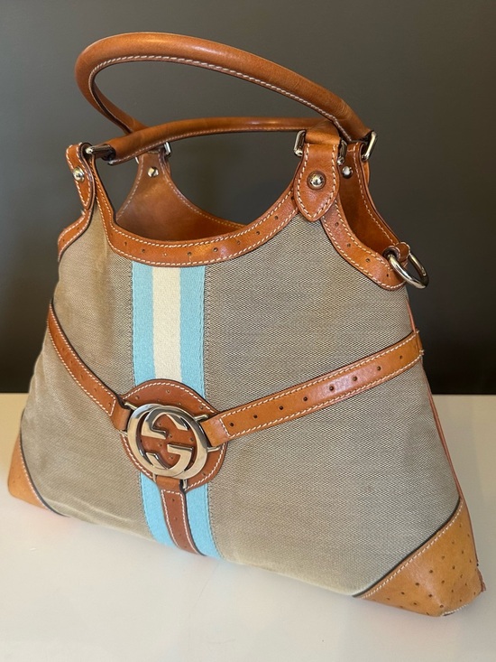 Gucci Handbags - GUCCI GG Rains Hobo Canvas Leather Beige Blue Stripe Jackie Silver Hardware Rein
